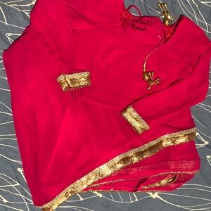 Hot pink saree with pearl and stone border